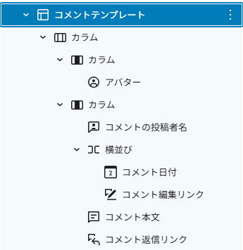 コメントテンプレートの構成ツリー画像。親カラムの中に、アバターを含むカラムと、コメントの投稿者名・横並び（コメント日付、コメント編集リンク）・コメント本文・コメント返信リンクを含むカラムが配置されています。